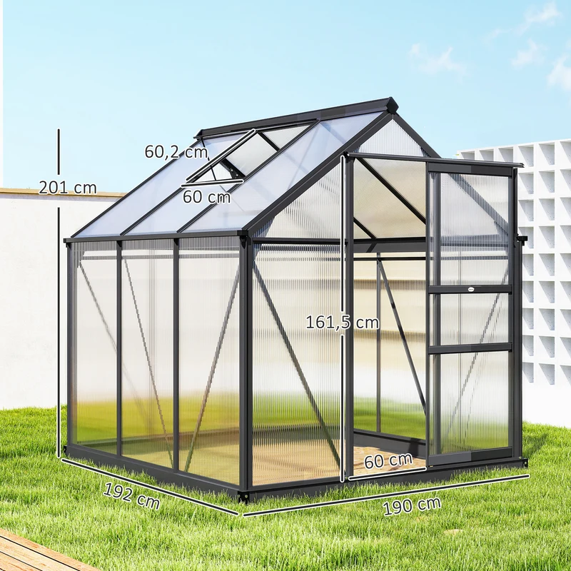 Serre de jardin 190 x 192 x 201 cm isolation ventilation réglable fondation renforcée stable moderne en polycarbonate gris 21_0004052