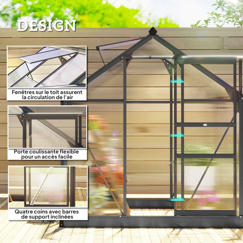 Serre de jardin 190 x 192 x 201 cm isolation ventilation réglable fondation renforcée stable moderne en polycarbonate gris 21_0004052