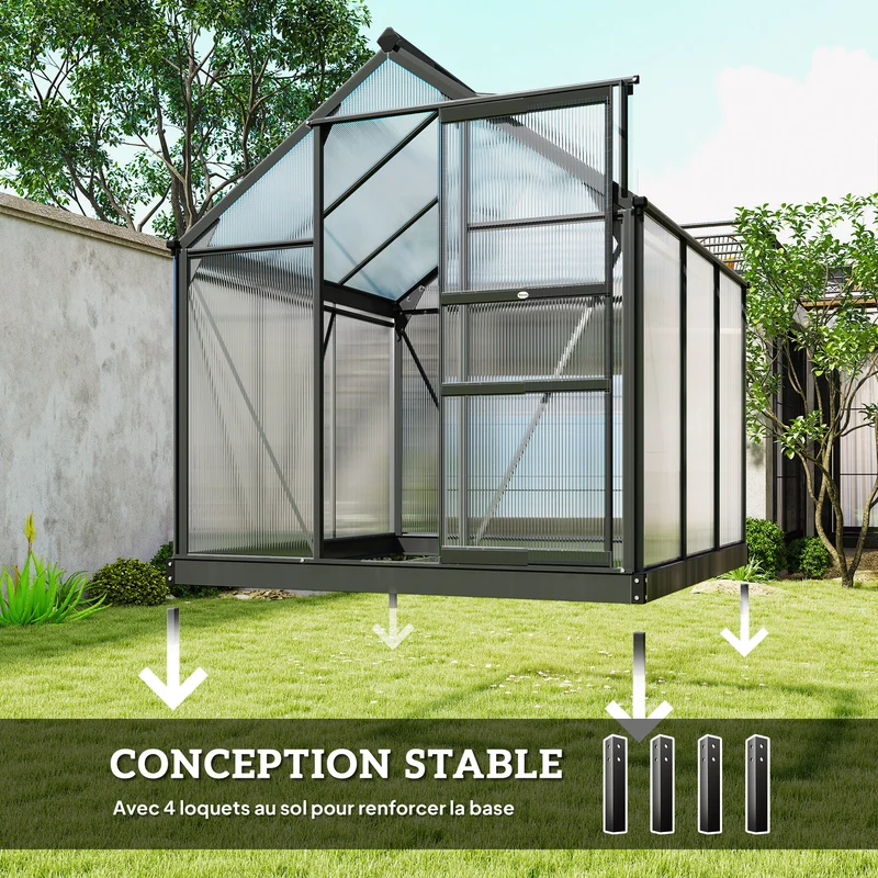 Serre de jardin 190 x 192 x 201 cm isolation ventilation réglable fondation renforcée stable moderne en polycarbonate gris 21_0004052