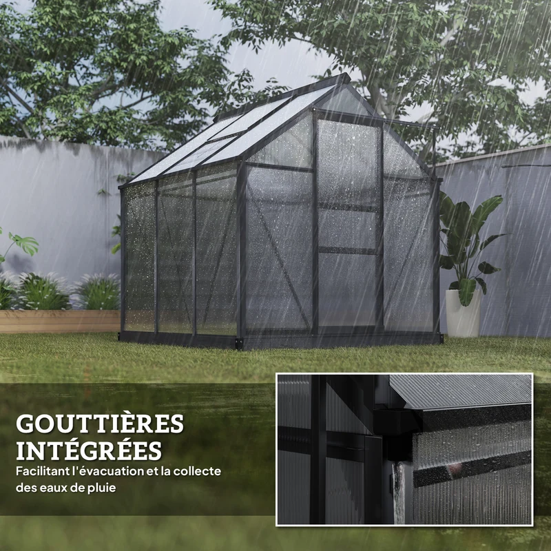 Serre de jardin 190 x 192 x 201 cm isolation ventilation réglable fondation renforcée stable moderne en polycarbonate gris 21_0004052