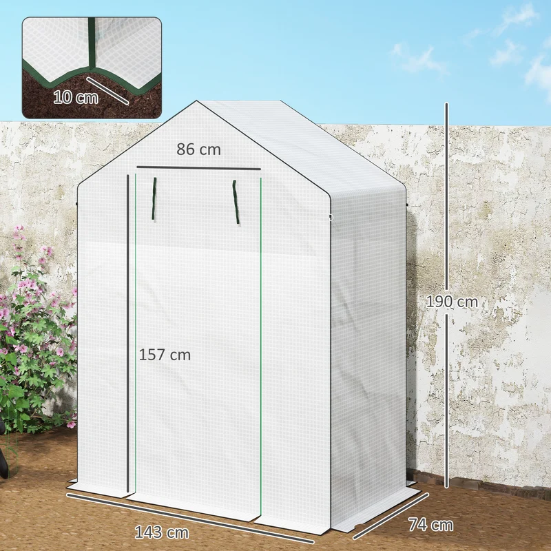 Serre de jardin 143 x 74 x 190 cm porte enroulable trois étagères ventilation hivernage design en polyéthylène blanc 21_0004340