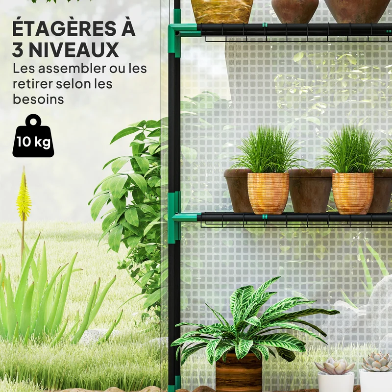 Serre de jardin 143 x 74 x 190 cm porte enroulable trois étagères ventilation hivernage design en polyéthylène blanc 21_0004340
