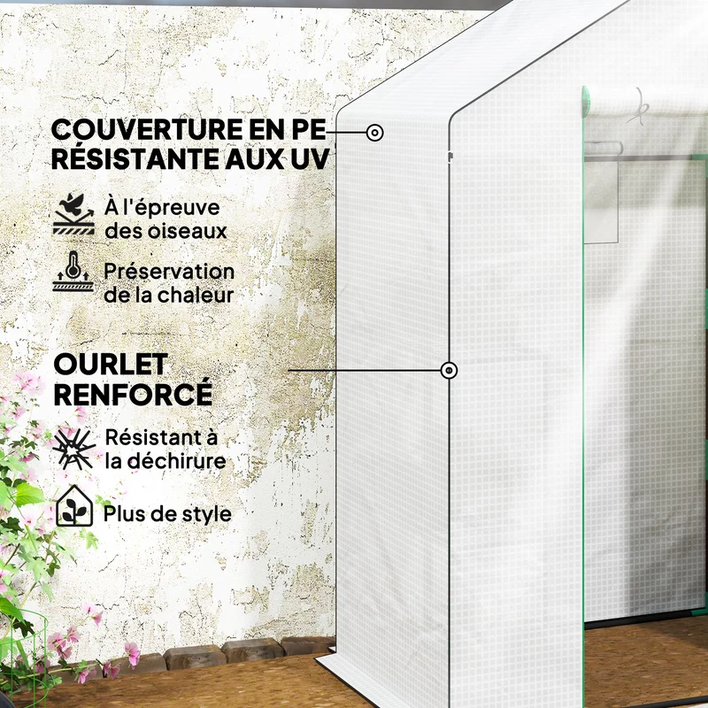 Serre de jardin 143 x 74 x 190 cm porte enroulable trois étagères ventilation hivernage design en polyéthylène blanc 21_0004340