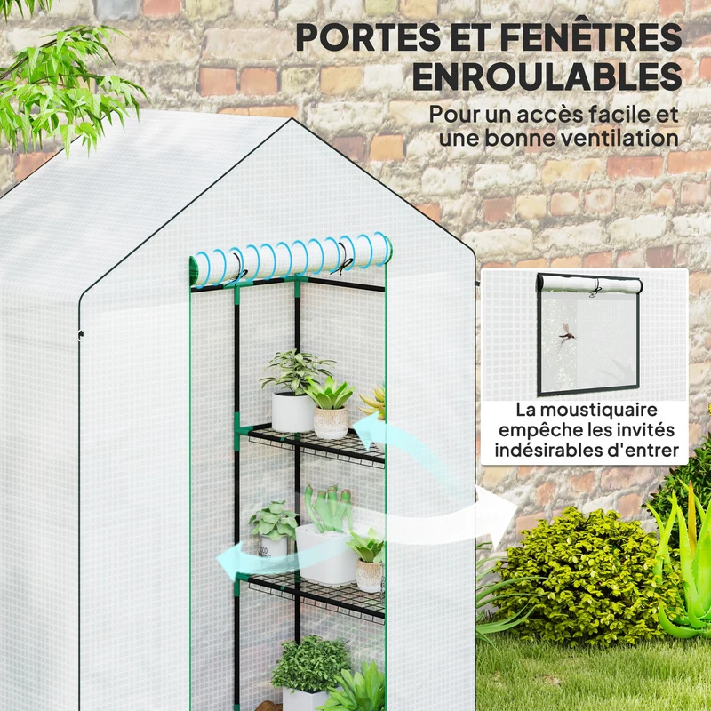 Serre de jardin 143 x 74 x 190 cm porte enroulable trois étagères ventilation hivernage design en polyéthylène blanc 21_0004340