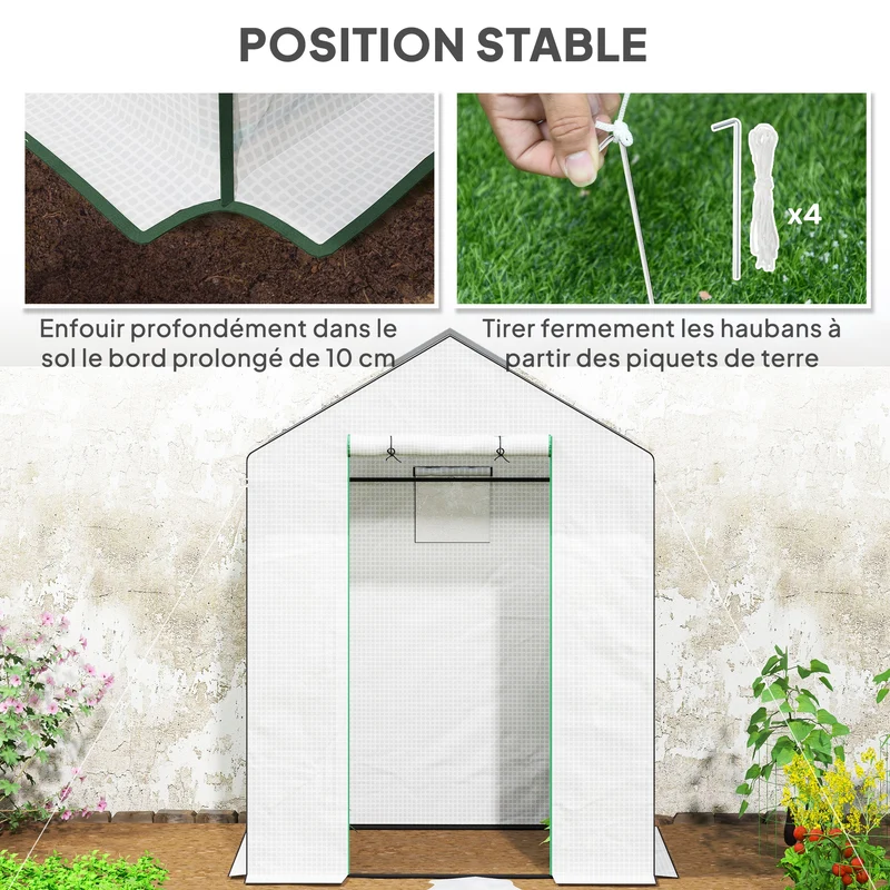 Serre de jardin 143 x 74 x 190 cm porte enroulable trois étagères ventilation hivernage design en polyéthylène blanc 21_0004340