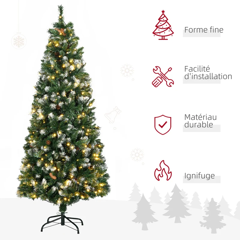 Sapin de noël artificiel salon 80 x 180 cm lumineux 250 led 703 branches pliable rustique décoratif en plastique vert 21_0001285