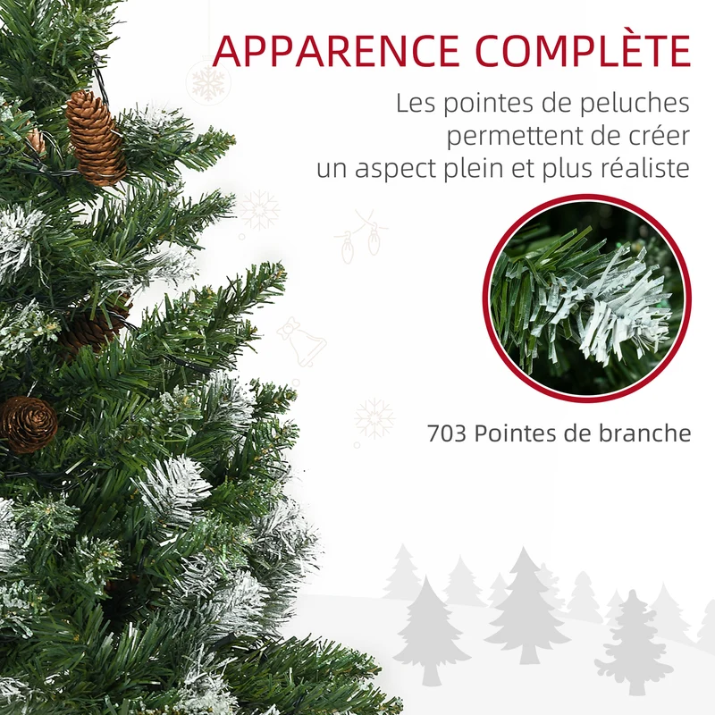 Sapin de noël artificiel salon 80 x 180 cm lumineux 250 led 703 branches pliable rustique décoratif en plastique vert 21_0001285