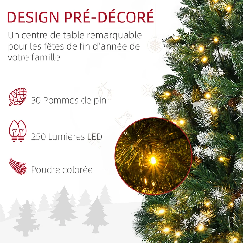Sapin de noël artificiel salon 80 x 180 cm lumineux 250 led 703 branches pliable rustique décoratif en plastique vert 21_0001285