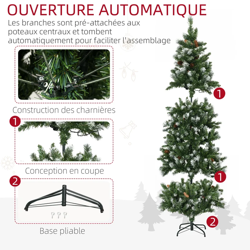 Sapin de noël artificiel salon 80 x 180 cm lumineux 250 led 703 branches pliable rustique décoratif en plastique vert 21_0001285