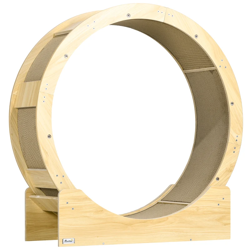 Roue d'exercice pour chat 91 x 33.5 x 94 cm frein réglable tapis à griffer intégré design scandinave en bois naturel 21_0007713