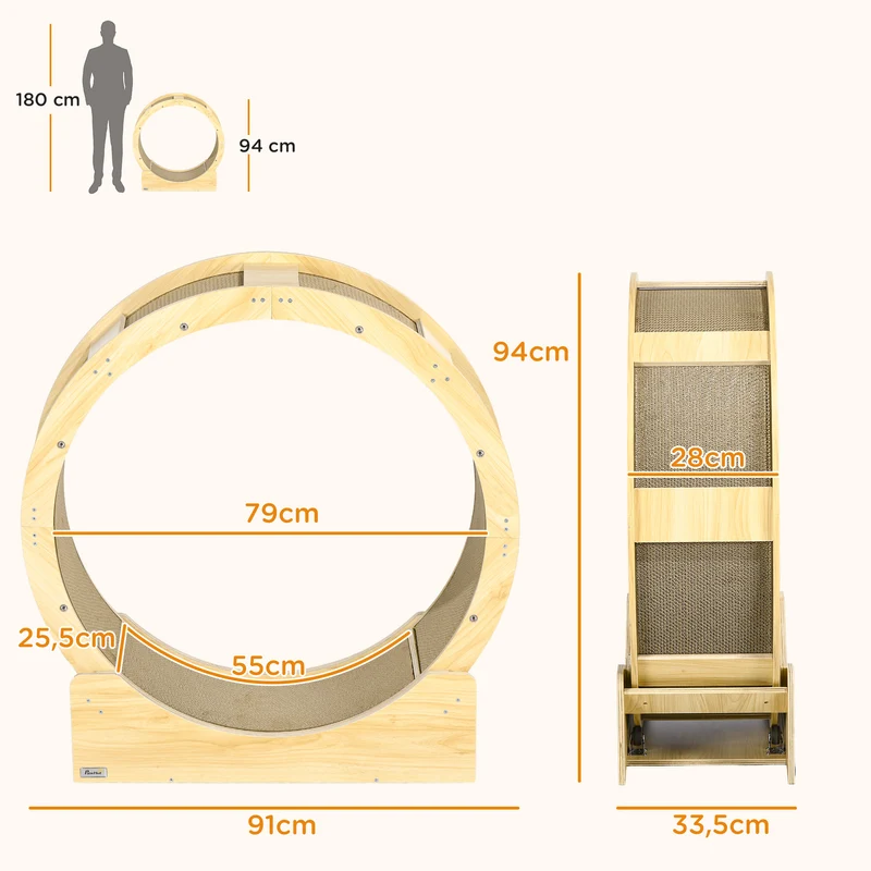 Roue d'exercice pour chat 91 x 33.5 x 94 cm frein réglable tapis à griffer intégré design scandinave en bois naturel 21_0007713