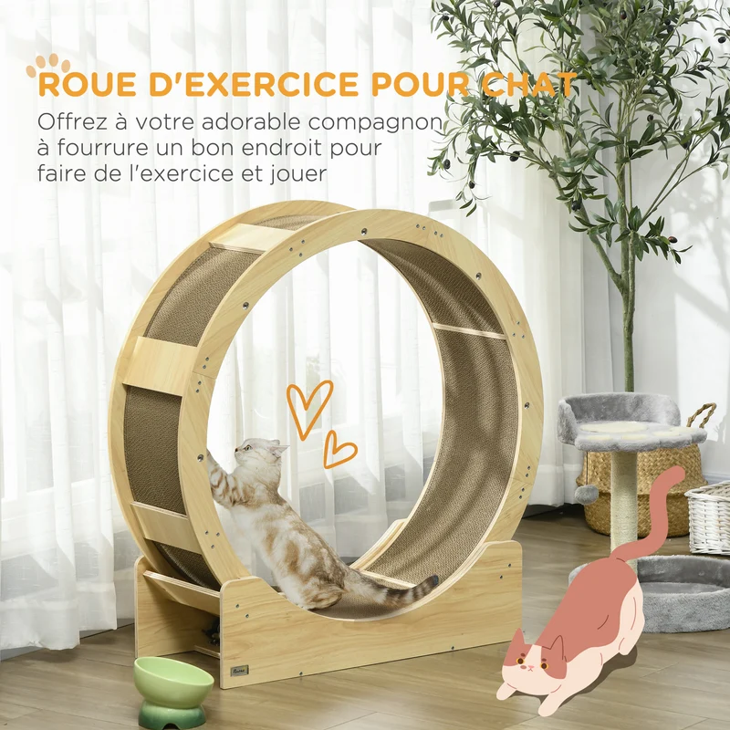 Roue d'exercice pour chat 91 x 33.5 x 94 cm frein réglable tapis à griffer intégré design scandinave en bois naturel 21_0007713