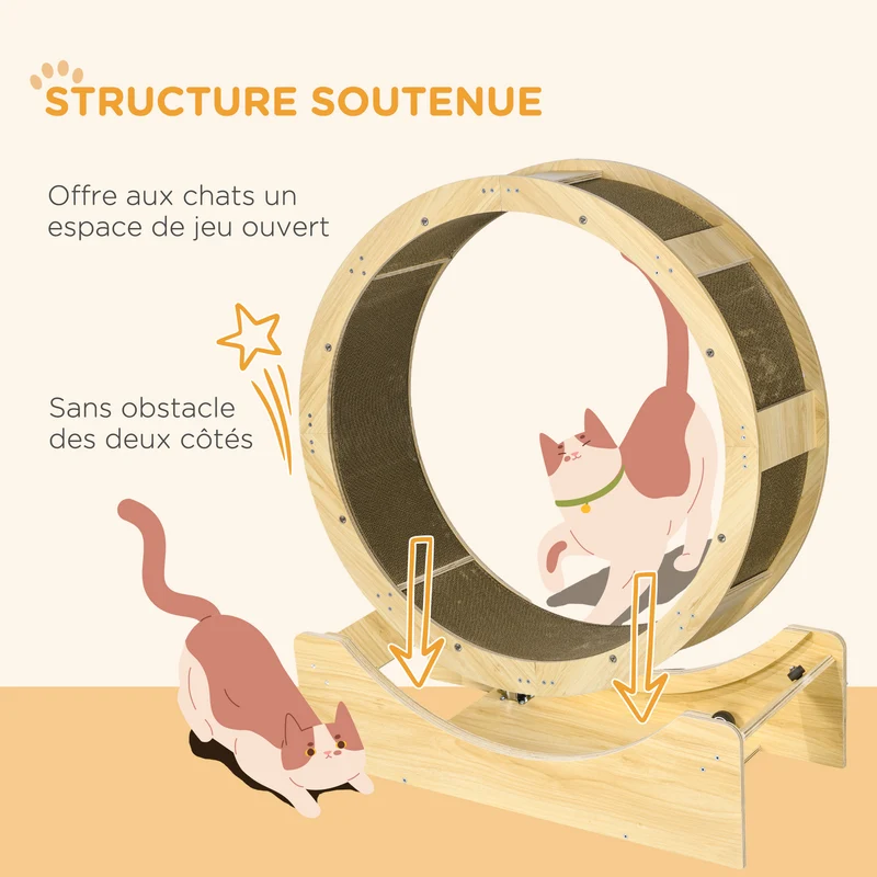 Roue d'exercice pour chat 91 x 33.5 x 94 cm frein réglable tapis à griffer intégré design scandinave en bois naturel 21_0007713