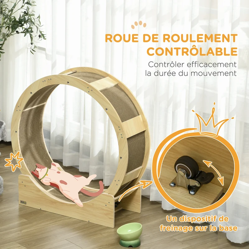 Roue d'exercice pour chat 91 x 33.5 x 94 cm frein réglable tapis à griffer intégré design scandinave en bois naturel 21_0007713