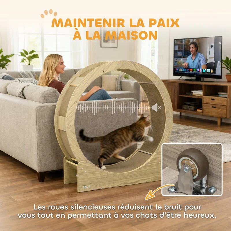 Roue d'exercice pour chat 91 x 33.5 x 94 cm frein réglable tapis à griffer intégré design scandinave en bois naturel 21_0007713