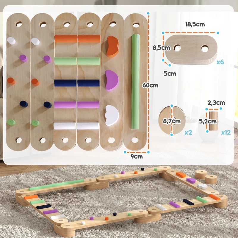 Poutre d'équilibre enfants modulable 130 x 115 x 8.5 cm améliore équilibre sensoriel portable scandinave en bois naturel 21_0000413