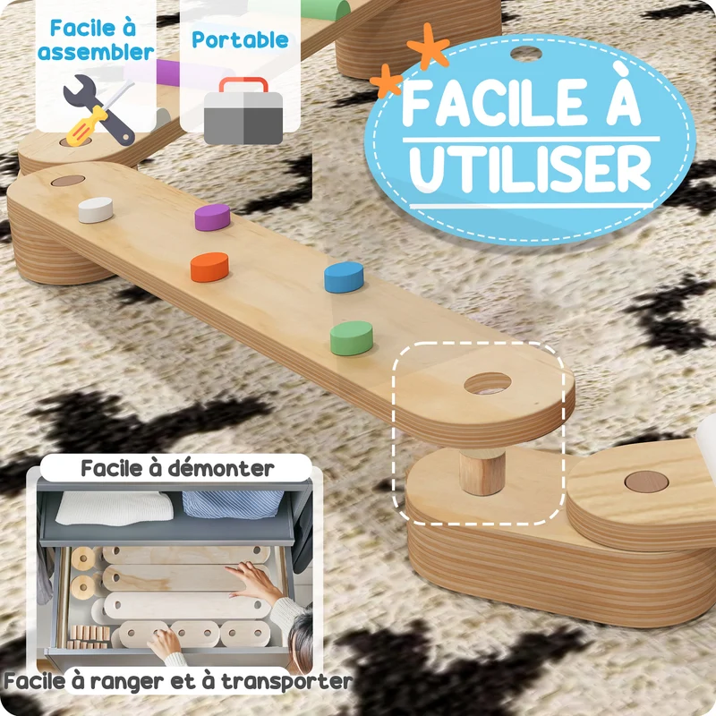 Poutre d'équilibre enfants modulable 130 x 115 x 8.5 cm améliore équilibre sensoriel portable scandinave en bois naturel 21_0000413