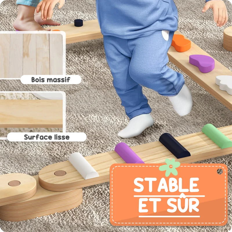 Poutre d'équilibre enfants modulable 130 x 115 x 8.5 cm améliore équilibre sensoriel portable scandinave en bois naturel 21_0000413