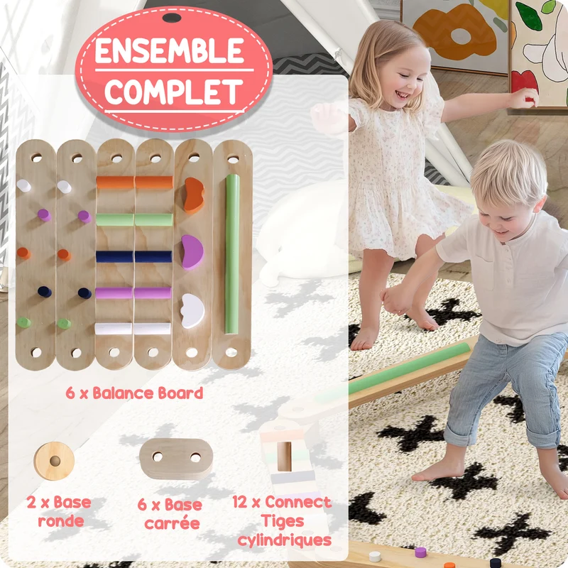 Poutre d'équilibre enfants modulable 130 x 115 x 8.5 cm améliore équilibre sensoriel portable scandinave en bois naturel 21_0000413