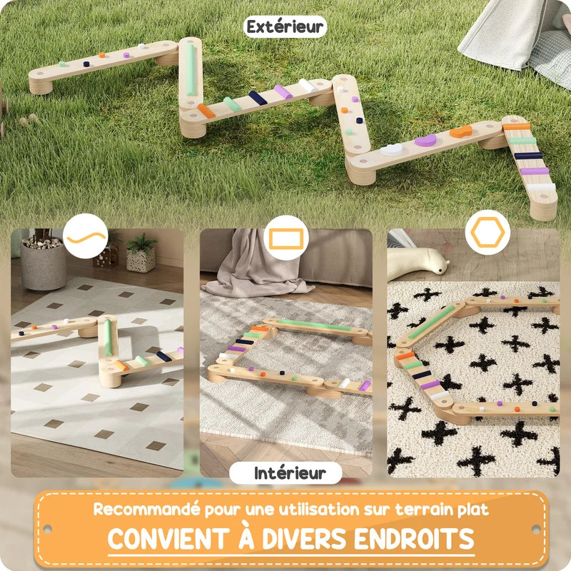 Poutre d'équilibre enfants modulable 130 x 115 x 8.5 cm améliore équilibre sensoriel portable scandinave en bois naturel 21_0000413