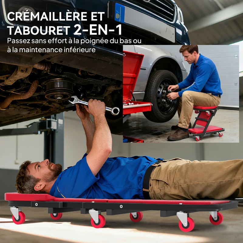 Planche à roulettes transformable en tabouret 101,5 x 40 x 13,5 cm 150 kg roues pivotantes industriel en métal rouge 21_0007185