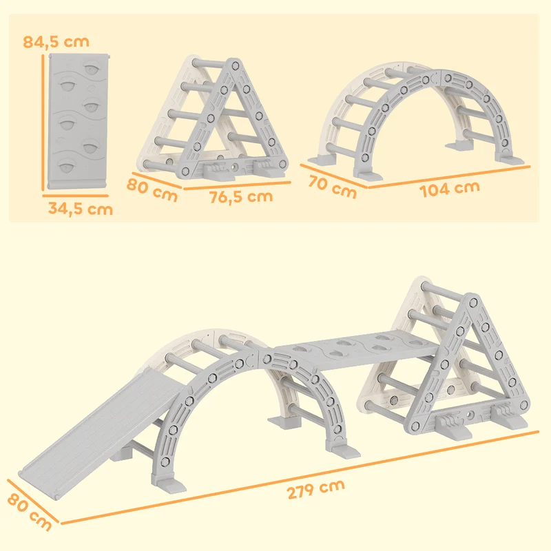 Parcours motricité 8 en 1 triangle d'escalade enfant 279 x 80 x 69 cm planche double face évolutif scandinave en PP gris 21_0000317