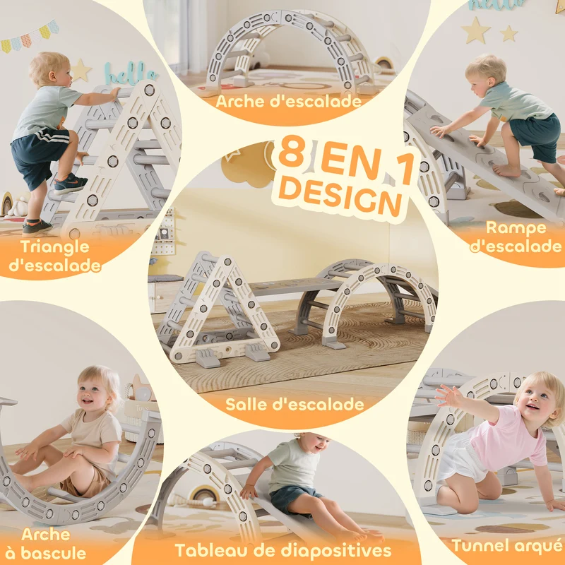 Parcours motricité 8 en 1 triangle d'escalade enfant 279 x 80 x 69 cm planche double face évolutif scandinave en PP gris 21_0000317