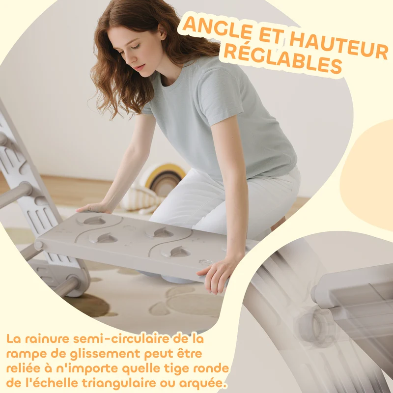 Parcours motricité 8 en 1 triangle d'escalade enfant 279 x 80 x 69 cm planche double face évolutif scandinave en PP gris 21_0000317