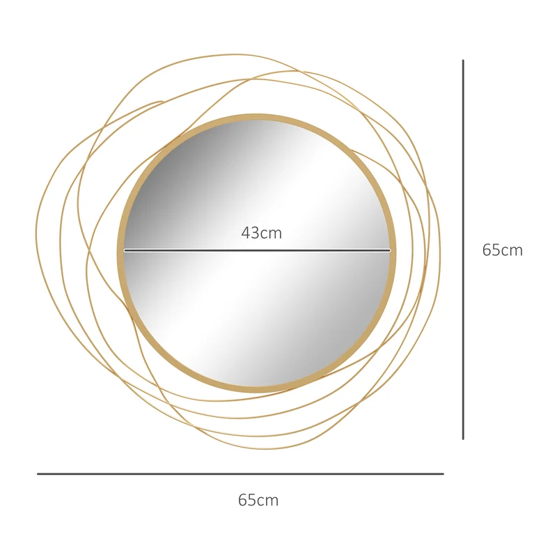 Miroir rond mural cadre filaire 65 x 1 x 65 cm agrandit visuellement apporte luminosité moderne décoratif en métal doré 21_0001346