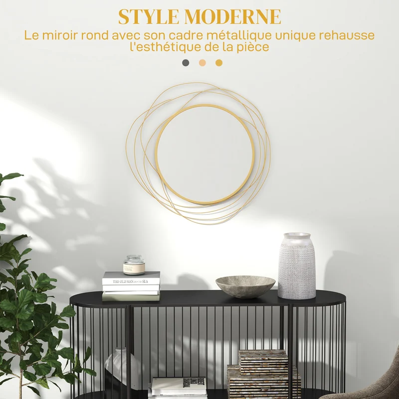 Miroir rond mural cadre filaire 65 x 1 x 65 cm agrandit visuellement apporte luminosité moderne décoratif en métal doré 21_0001346