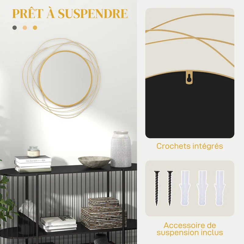 Miroir rond mural cadre filaire 65 x 1 x 65 cm agrandit visuellement apporte luminosité moderne décoratif en métal doré 21_0001346