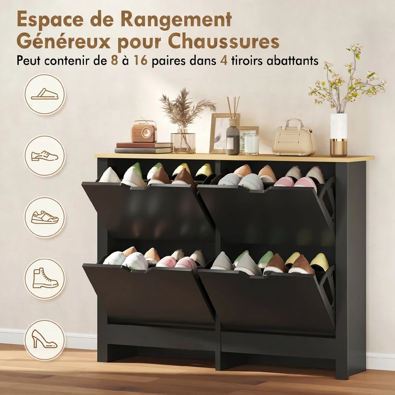 Meuble à chaussures entrée 105 x 26 x 80 cm 16 paires portes abattantes contemporain en panneaux de particules noir 21_0002606