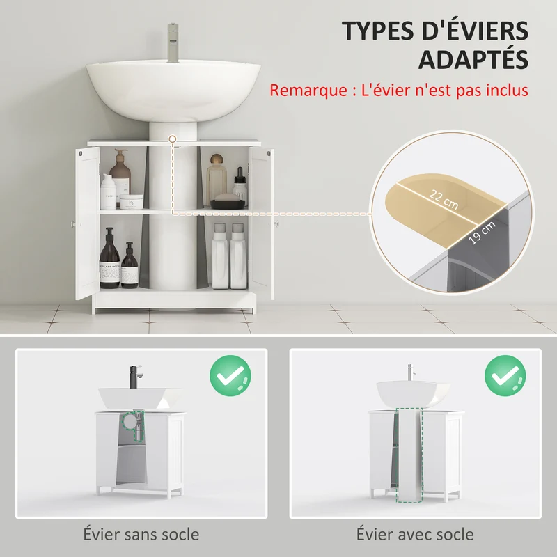 Meuble sous lavabo placard 2 portes 60 x 30 x 60 cm rangement optimisé étagère réglable design moderne cosy en MDF blanc 21_0001843