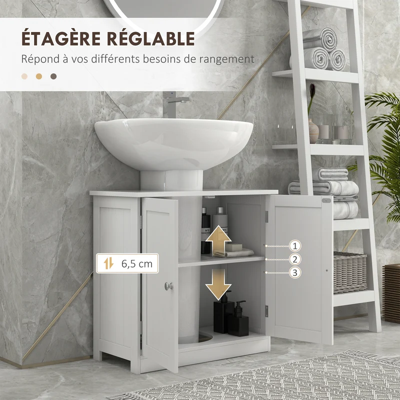 Meuble sous lavabo placard 2 portes 60 x 30 x 60 cm rangement optimisé étagère réglable design moderne cosy en MDF blanc 21_0001843