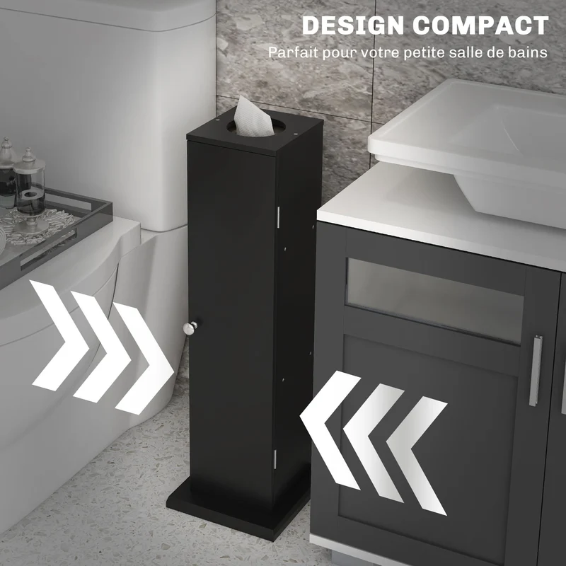 Meuble porte-papier toilette colonne compact 19,5 x 19,5 x 65 cm rangement 3 niveaux épuré contemporain en MDF noir 21_0001842