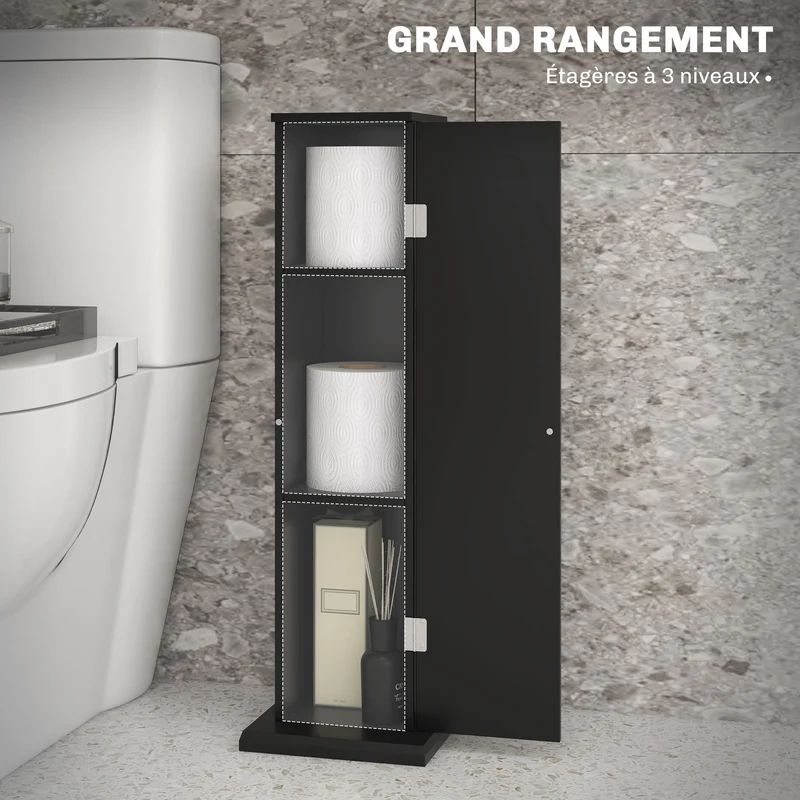 Meuble porte-papier toilette colonne compact 19,5 x 19,5 x 65 cm rangement 3 niveaux épuré contemporain en MDF noir 21_0001842