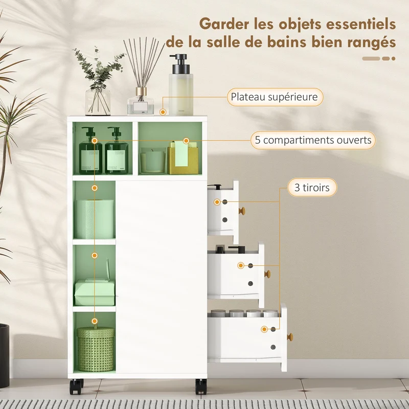 Meuble de salle de bain étroit à roulettes 20 x 40 x 80 cm gain d'espace et rangement style scandinave en MDF blanc 21_0002119