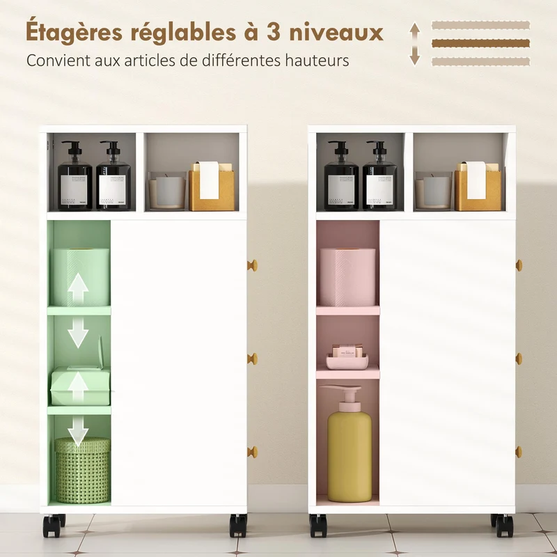 Meuble de salle de bain étroit à roulettes 20 x 40 x 80 cm gain d'espace et rangement style scandinave en MDF blanc 21_0002119