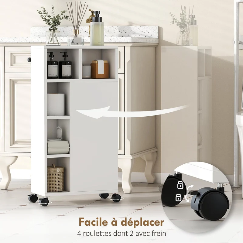 Meuble de salle de bain étroit à roulettes 20 x 40 x 80 cm gain d'espace et rangement style scandinave en MDF blanc 21_0002119