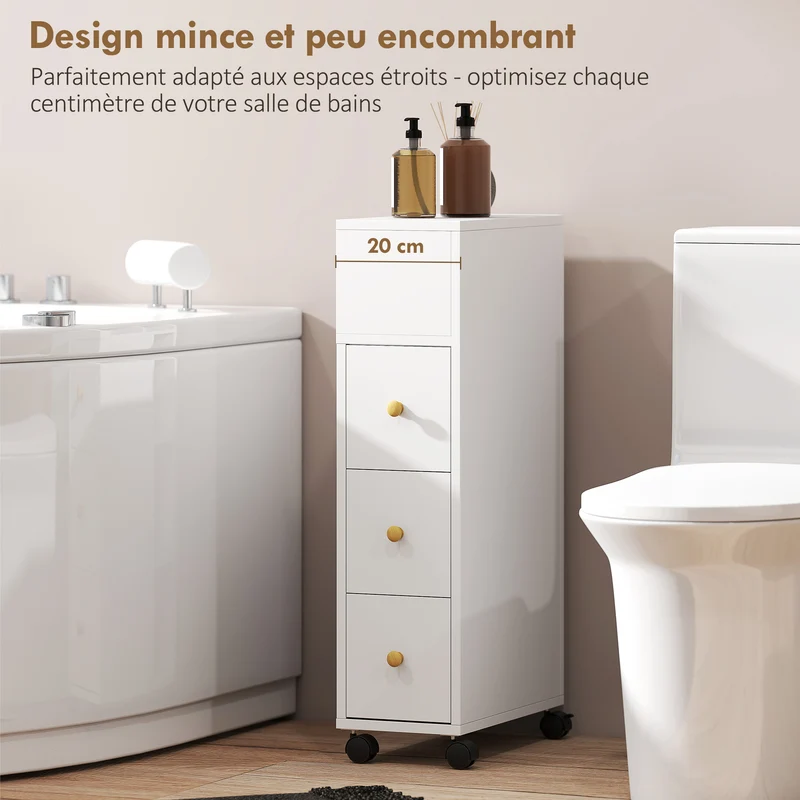 Meuble de salle de bain étroit à roulettes 20 x 40 x 80 cm gain d'espace et rangement style scandinave en MDF blanc 21_0002119
