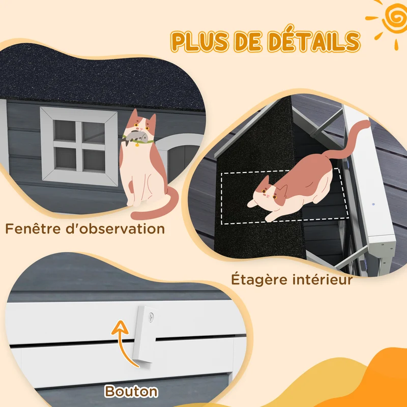 Maisonnette pour chats extérieure 77 x 57,5 x 68 cm toit ouvrable pieds surélevés contemporain rustique en bois gris 21_0007712