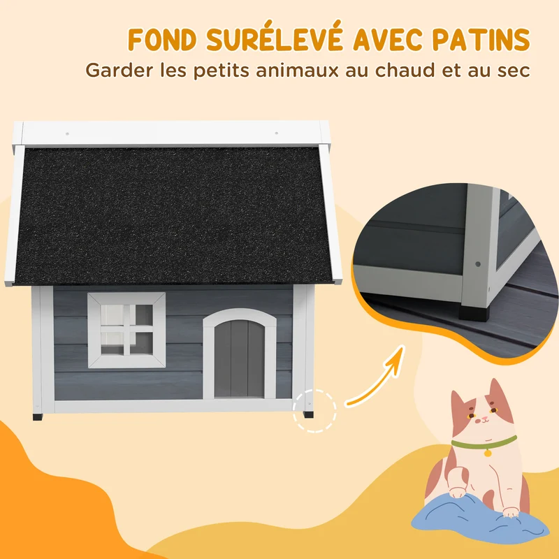 Maisonnette pour chats extérieure 77 x 57,5 x 68 cm toit ouvrable pieds surélevés contemporain rustique en bois gris 21_0007712