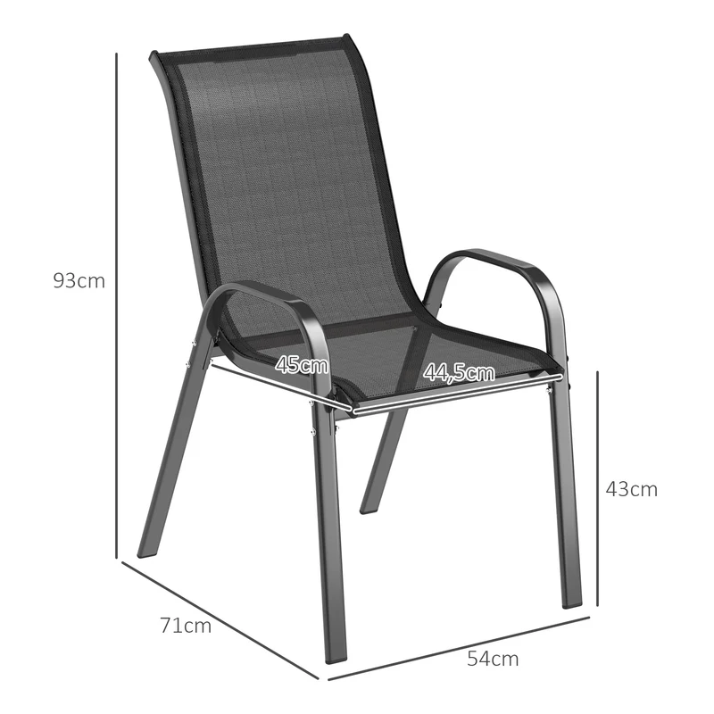 Lot de 4 chaises de jardin empilables dossier haut 54 x 71 x 93 cm assise respirante style contemporain en acier noir 21_0005281