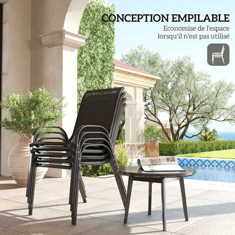 Lot de 4 chaises de jardin empilables dossier haut 54 x 71 x 93 cm assise respirante style contemporain en acier noir 21_0005281