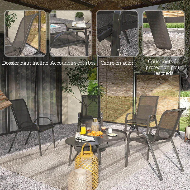 Lot de 4 chaises de jardin empilables dossier haut 54 x 71 x 93 cm assise respirante style contemporain en acier noir 21_0005281