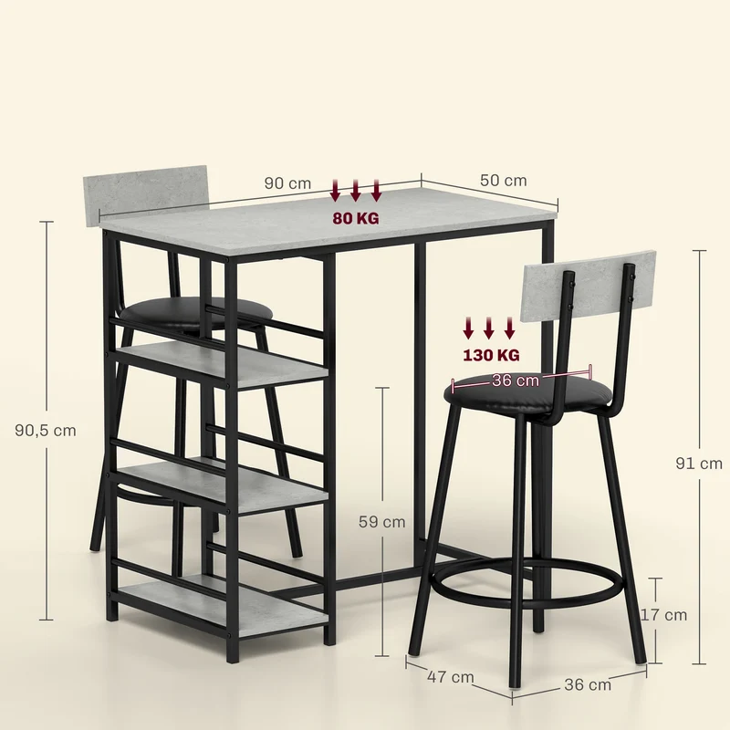Lot de 3 table de bar mange debout salon 90 x 50 x 90.5 cm rangement étagère assise rembourrée moderne en MDF gris clair 21_0003282