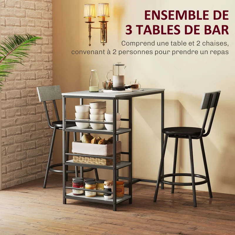 Lot de 3 table de bar mange debout salon 90 x 50 x 90.5 cm rangement étagère assise rembourrée moderne en MDF gris clair 21_0003282