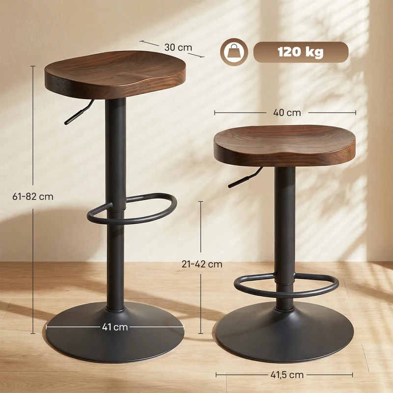 Lot de 2 tabourets de bar réglables 41,5 x 41,5 x 61-82 cm assise selle ergonomique stable rustique en bois marron foncé 21_0003392
