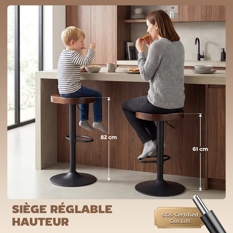 Lot de 2 tabourets de bar réglables 41,5 x 41,5 x 61-82 cm assise selle ergonomique stable rustique en bois marron foncé 21_0003392