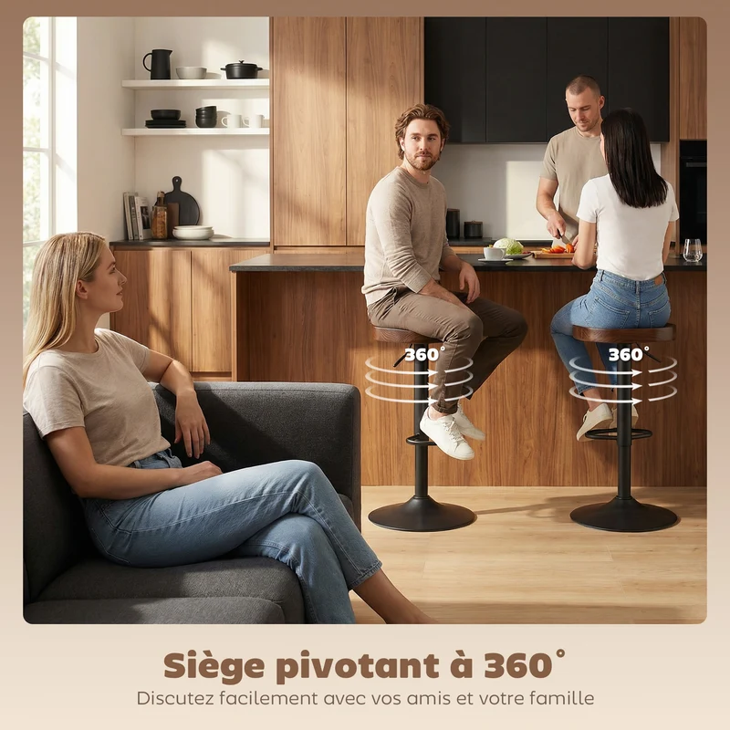 Lot de 2 tabourets de bar réglables 41,5 x 41,5 x 61-82 cm assise selle ergonomique stable rustique en bois marron foncé 21_0003392